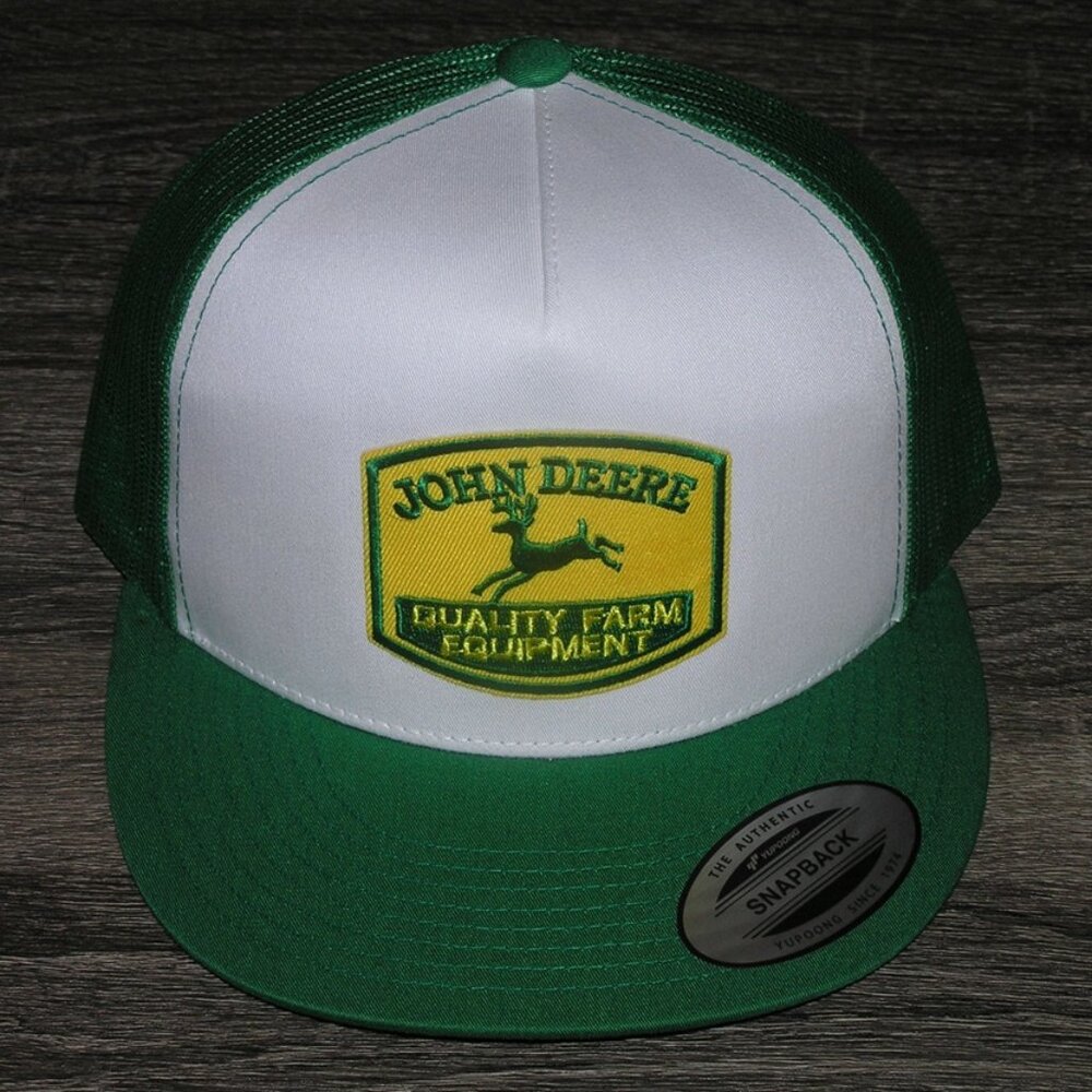 John Deere Farm Equipment Trucker Hat Yupoong Classic 6006 Snapback White/Green